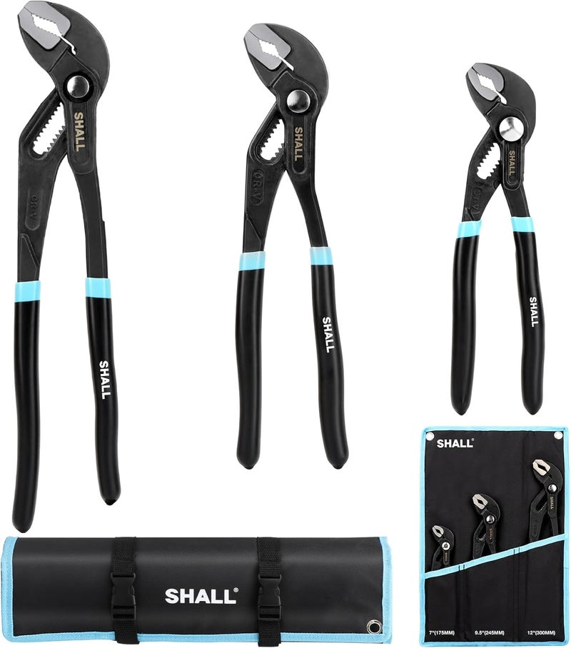 SHALL 3-Piece Groove Joint Pliers Set (12, 9-1/2, 7 Inch), Push-Lock Water Pump Pliers In Cr-v Steel, Fast Adjustable Tongue and Groove Pliers with Tool Roll Bag for Home Repair & Plumbing - Image 1